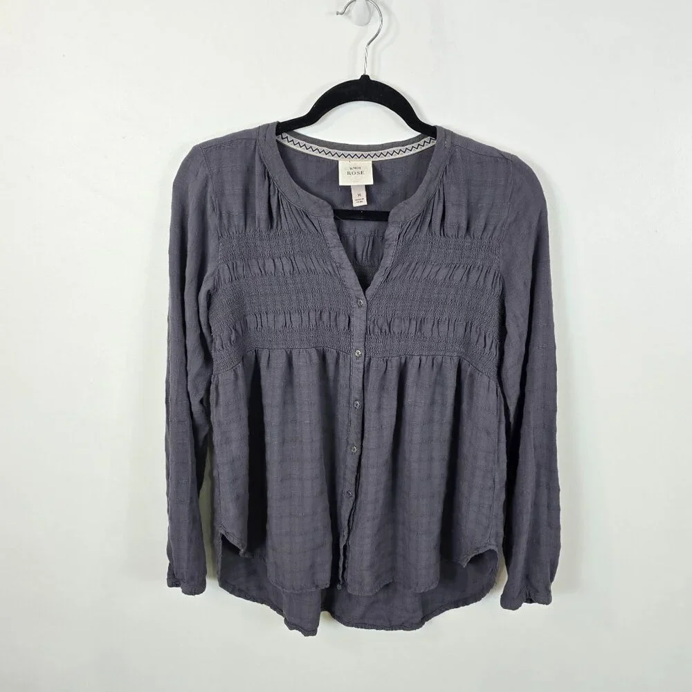 Boho Tunic Blouse Smocked Henley Long Sleeve Gray Medium - Picture 3 of 16